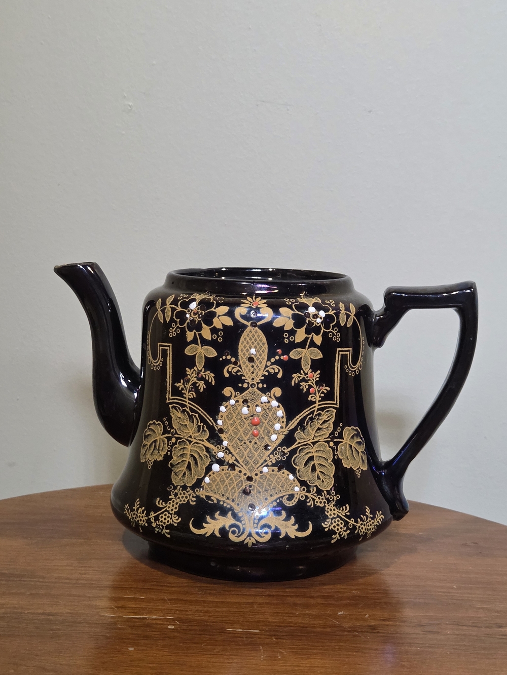 Vintage Black Ceramic Teapot with Gold Floral Motif From England